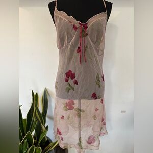 Vintage nude sheer rose and ruffle slip slip dress bow detail spaghetti strap 14